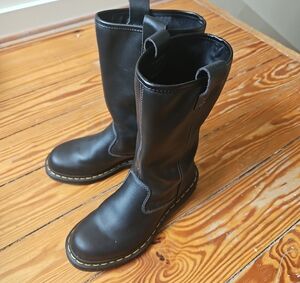 Dr. Martens airwair Black Leather Moto Boots with Yellow Stitching size 8